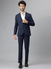 Men Navy Regular Fit Checkered Notched Lapel Formal 2 Piece Suit