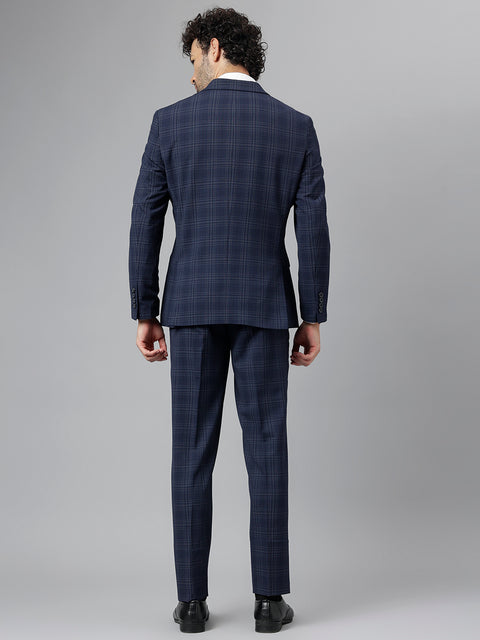 Men Navy Regular Fit Checkered Notched Lapel Formal 2 Piece Suit