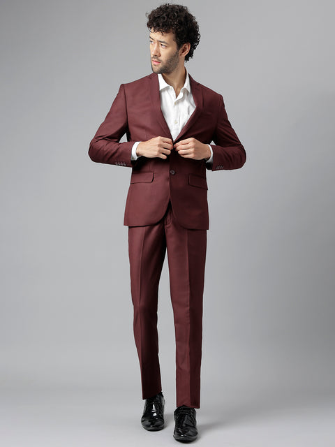 Men Wine Regular Fit Solid Notched Lapel Formal 2 Piece Suit