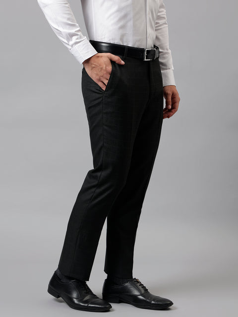 Men Black Regular Fit Checkered Mid Rise Formal Trouser