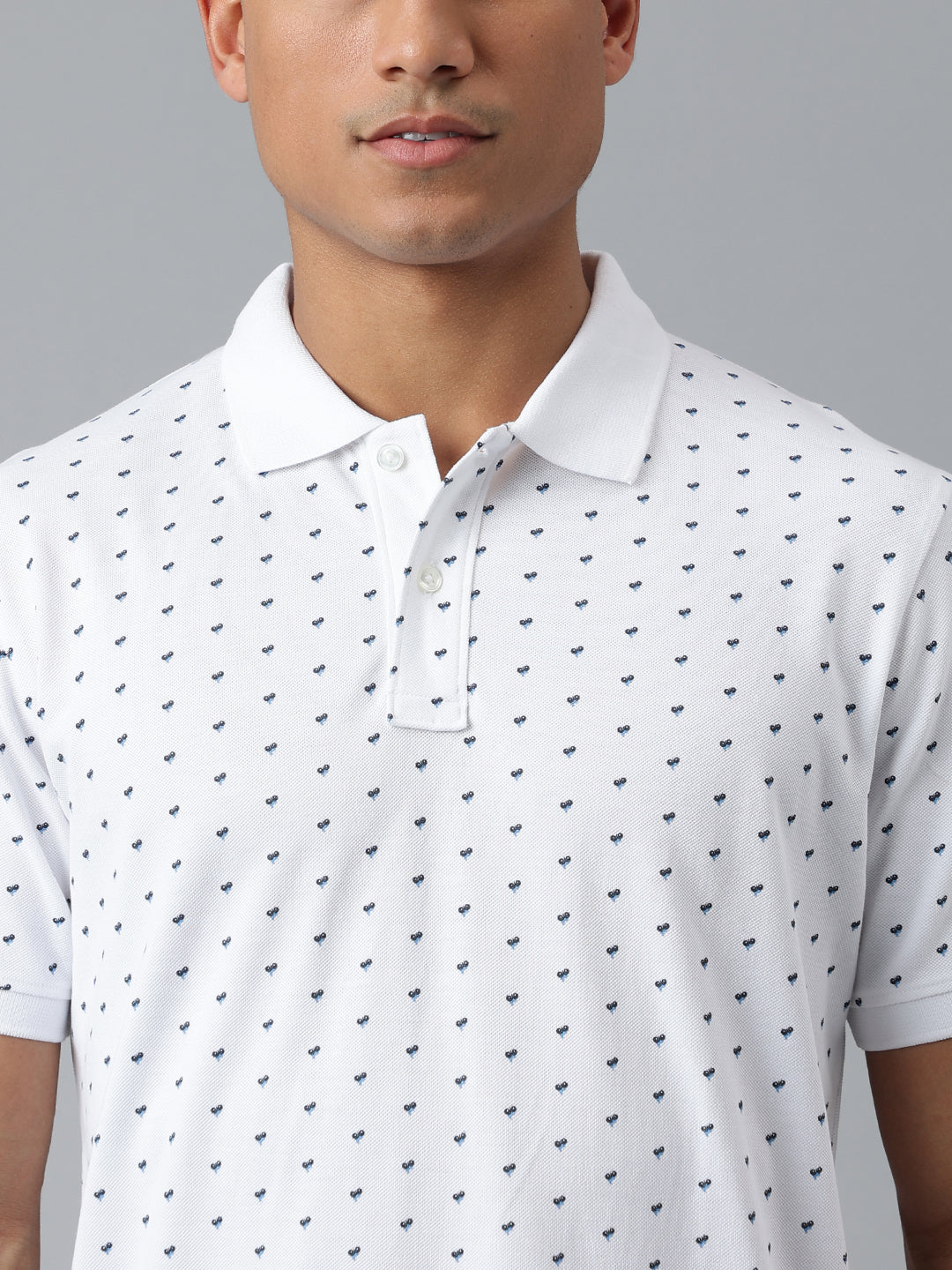 Men White Dotted Regular Fit Polo Neck T Shirt