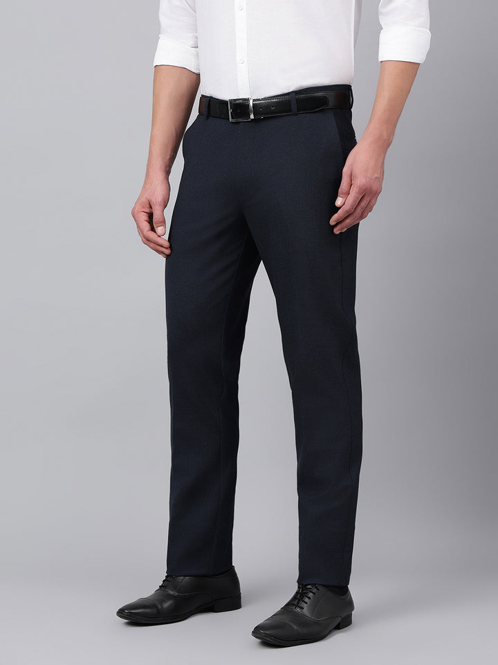 Men Navy Micro Check Standard Fit Solid Formal Trouser
