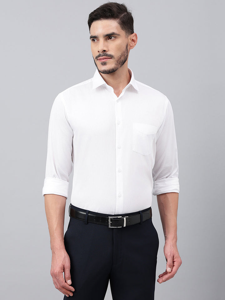 Men White Regular Fit Solid Stripped Formal Shirt