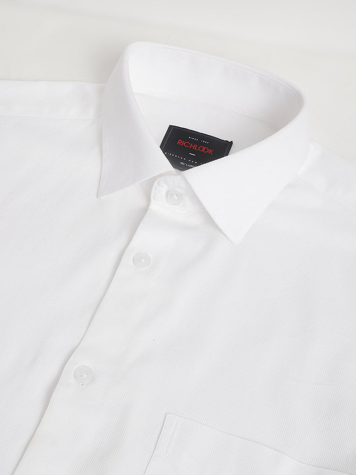 Men White Regular Fit Solid Stripped Formal Shirt