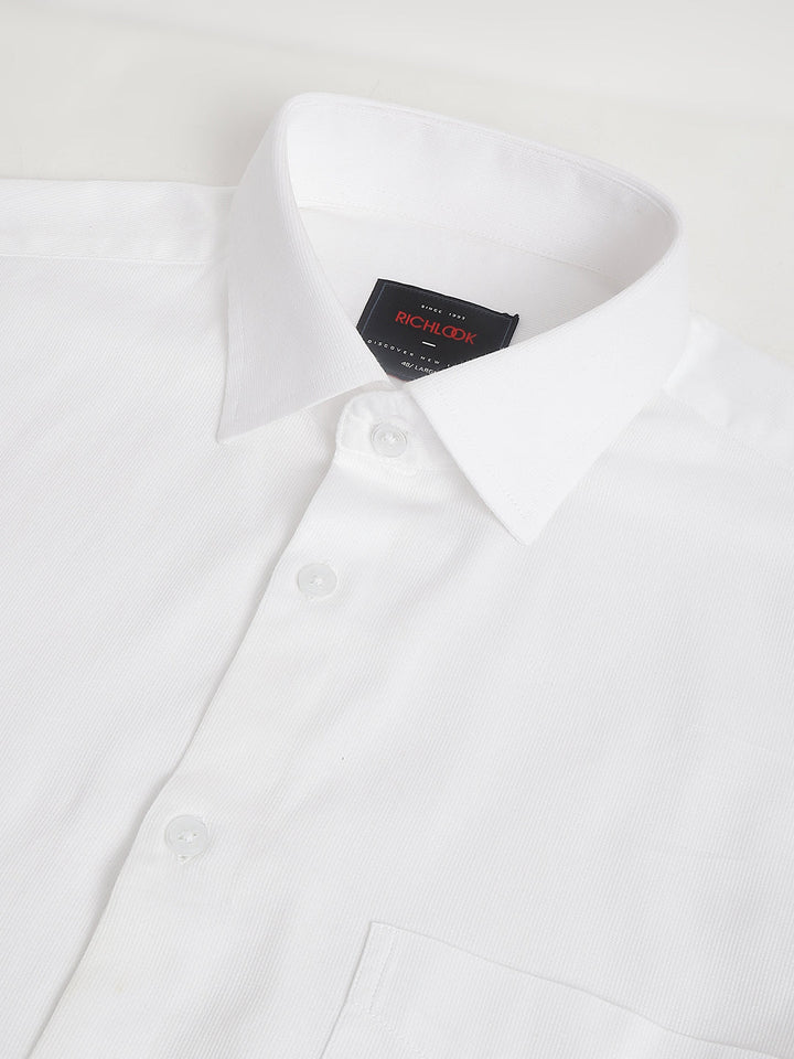 Men White Regular Fit Solid Stripped Formal Shirt