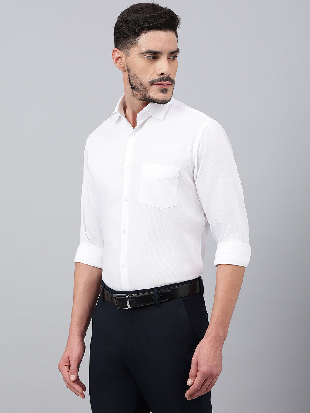 Men White Regular Fit Solid Stripped Formal Shirt