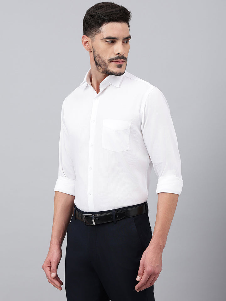 Men White Regular Fit Solid Stripped Formal Shirt