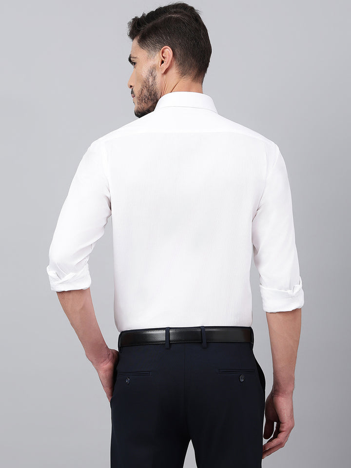 Men White Regular Fit Solid Stripped Formal Shirt