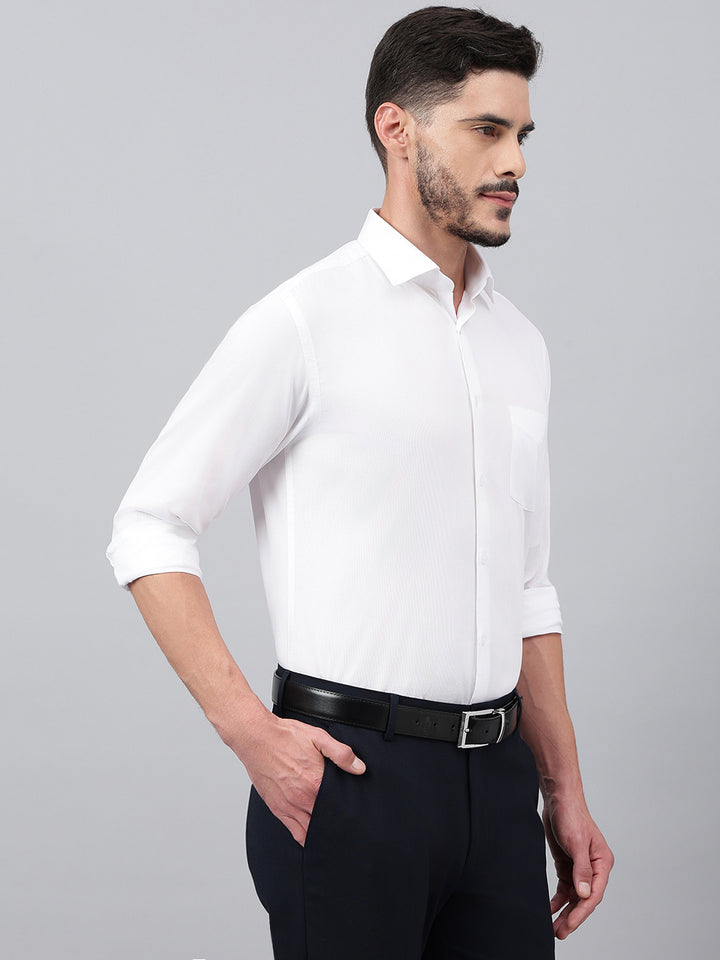 Men White Regular Fit Solid Stripped Formal Shirt
