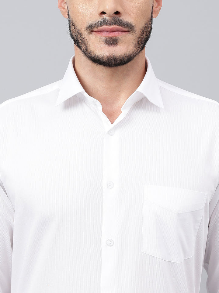 Men White Regular Fit Solid Stripped Formal Shirt