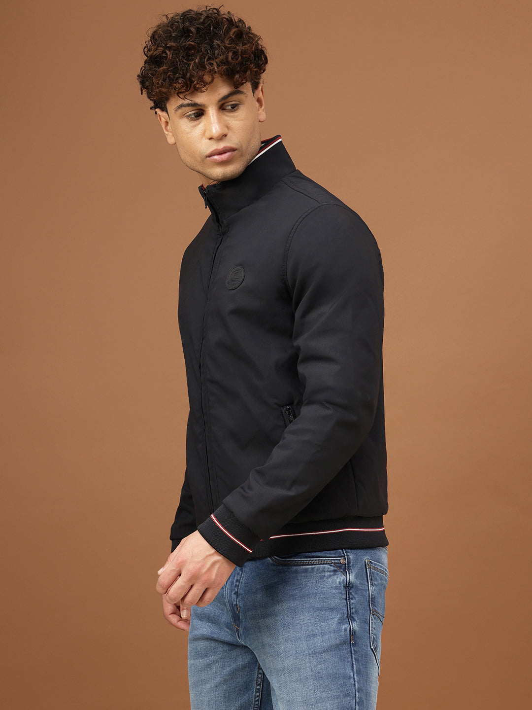 Men Navy Mock Collar Puffer Jacket - Main Image