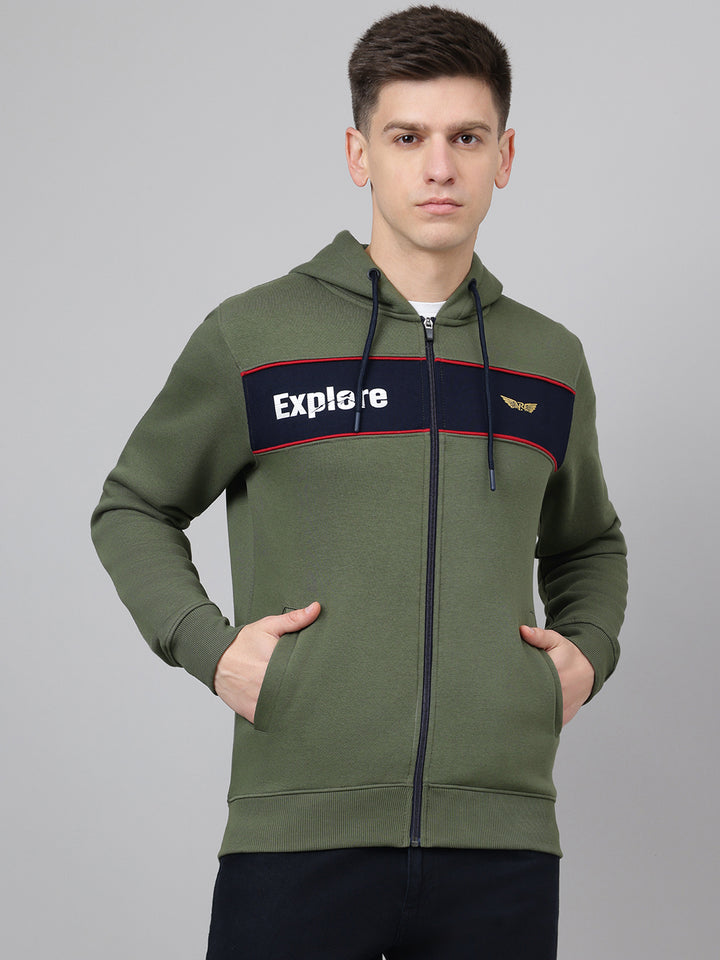 Men Olive Hooded Zipper Jacket
