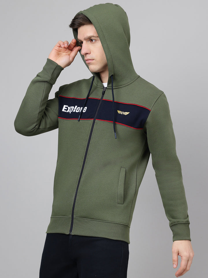 Men Olive Hooded Zipper Jacket