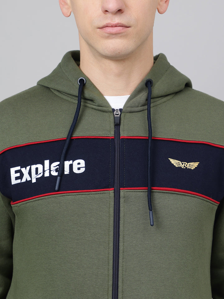 Men Olive Hooded Zipper Jacket