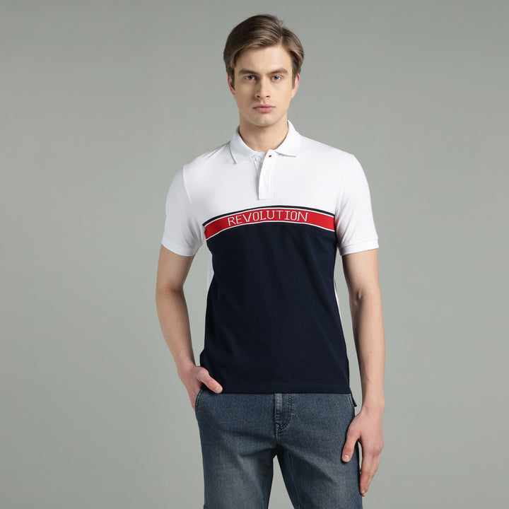 Men's White & Navy Blue Cotton Polo T-Shirt