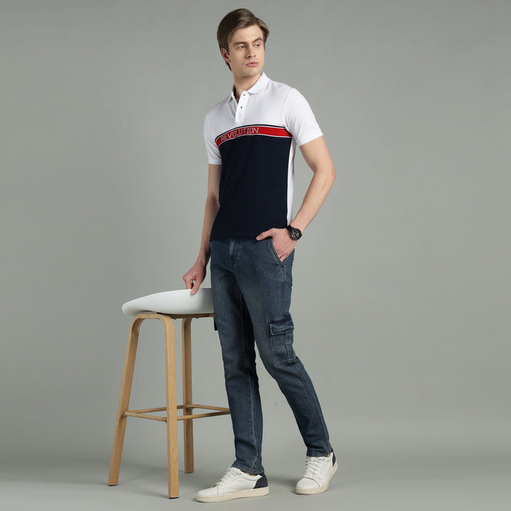 Men's White & Navy Blue Cotton Polo T-Shirt