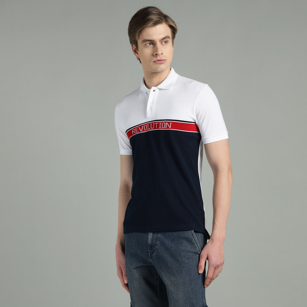 Men's White & Navy Blue Cotton Polo T-Shirt