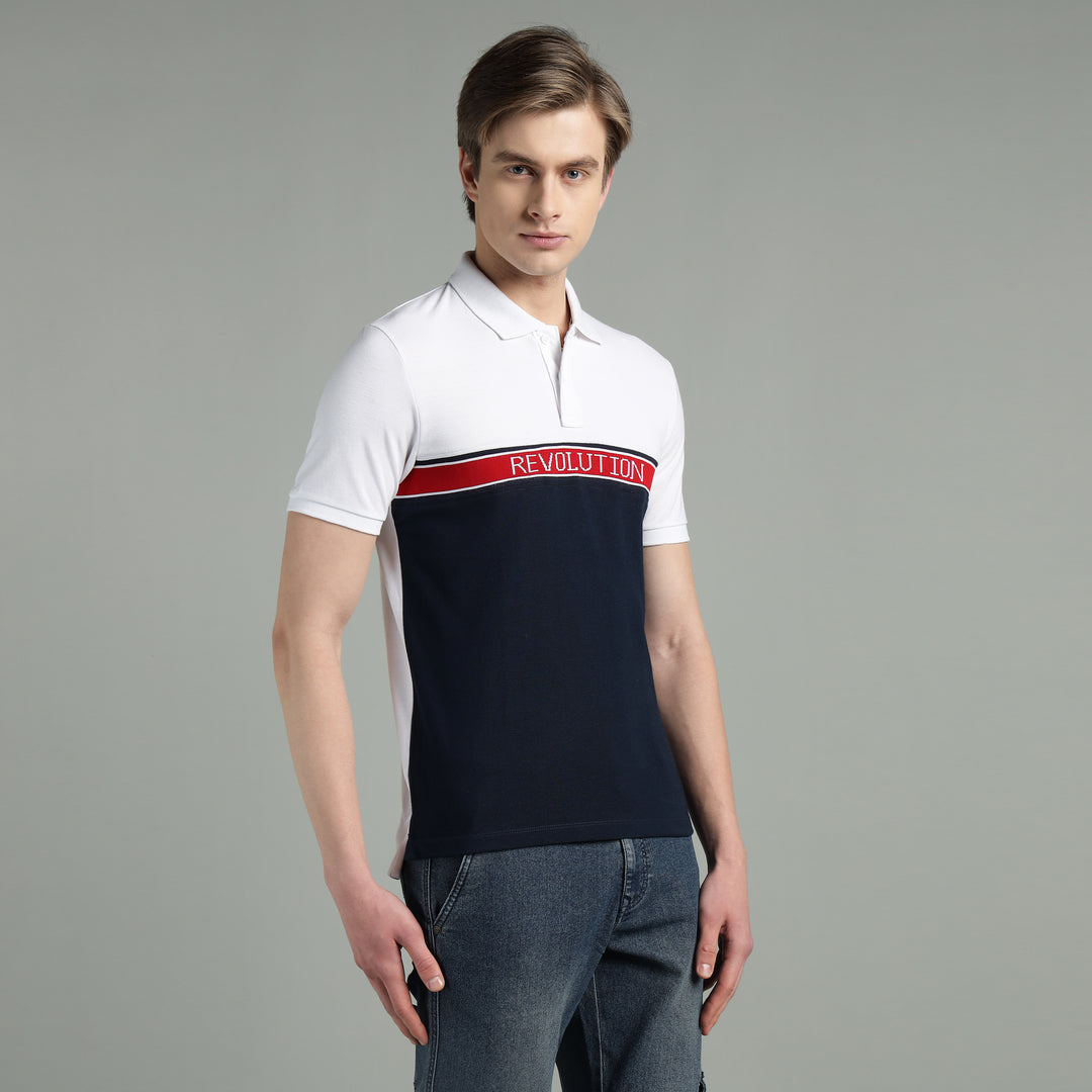 Men's White & Navy Blue Cotton Polo T-Shirt