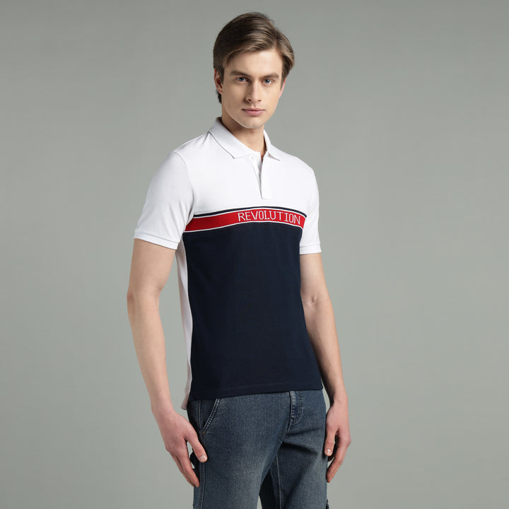 Men's White & Navy Blue Cotton Polo T-Shirt
