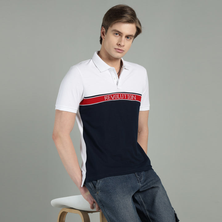 Men's White & Navy Blue Cotton Polo T-Shirt