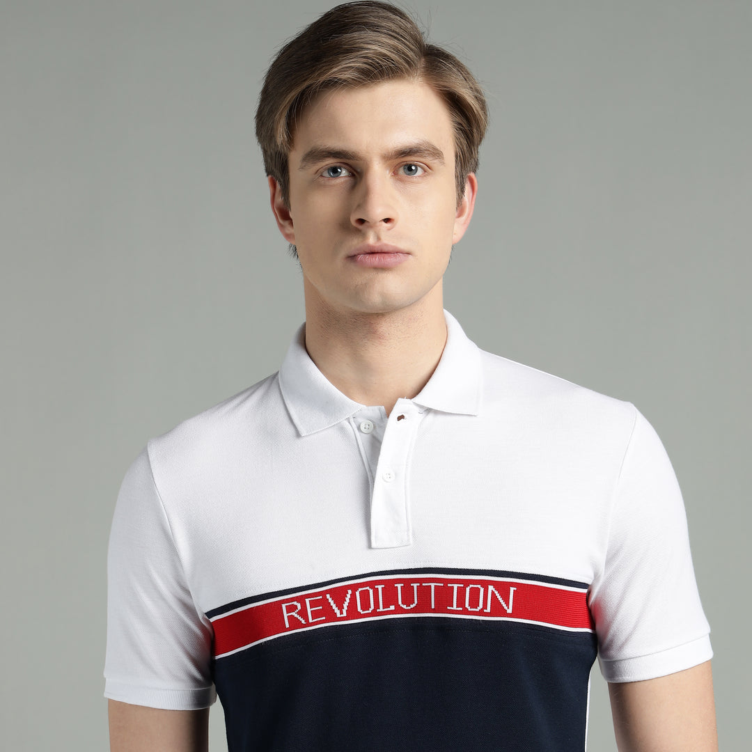 Men's White & Navy Blue Cotton Polo T-Shirt