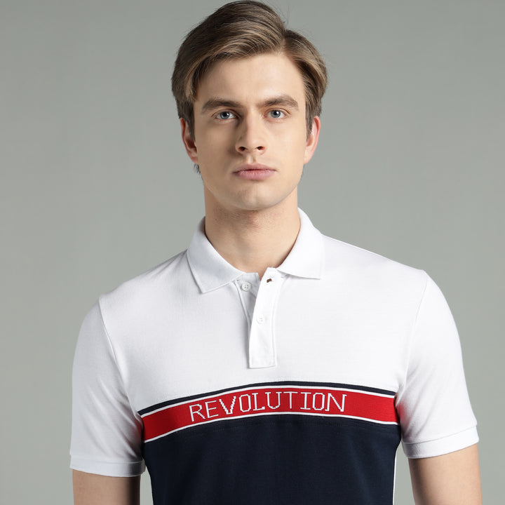 Men's White & Navy Blue Cotton Polo T-Shirt
