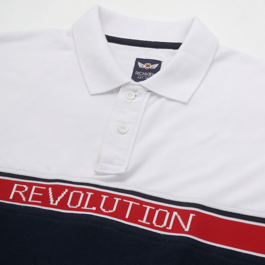 Men's White & Navy Blue Cotton Polo T-Shirt