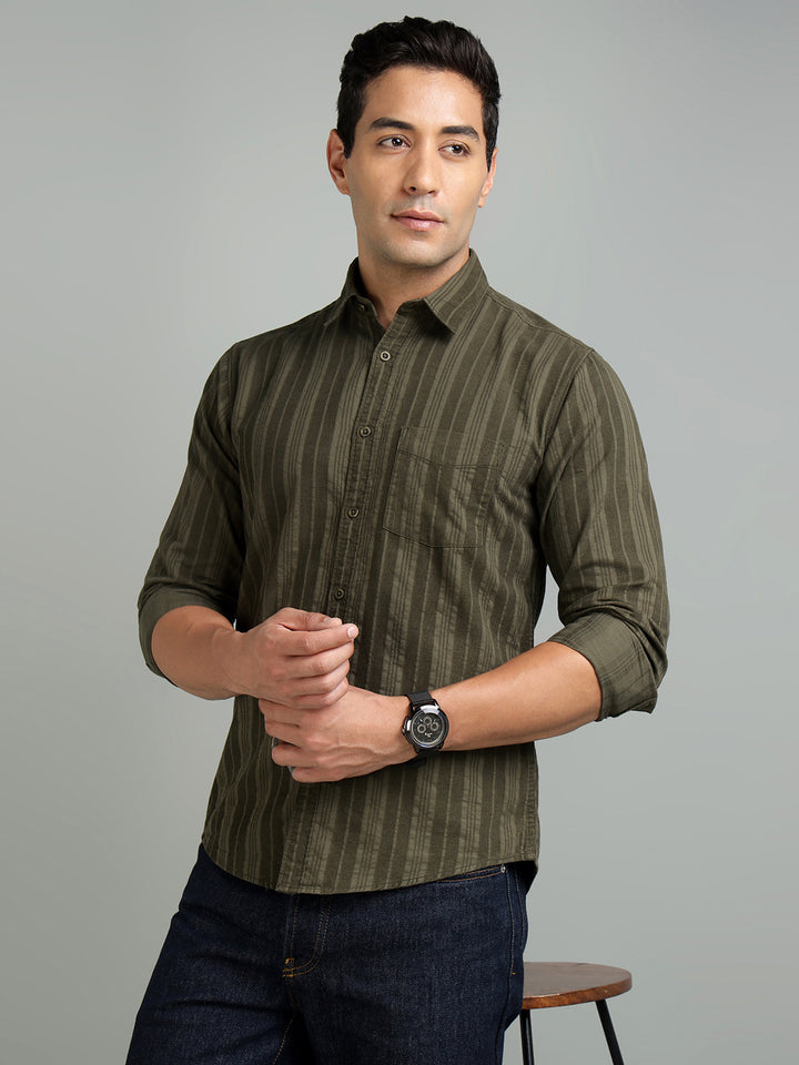 Men Olive Green Cotton Casual Shirt