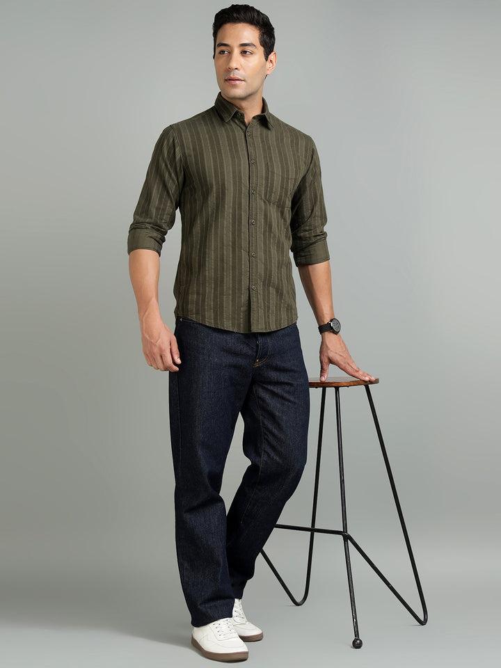 Men Olive Green Cotton Casual Shirt