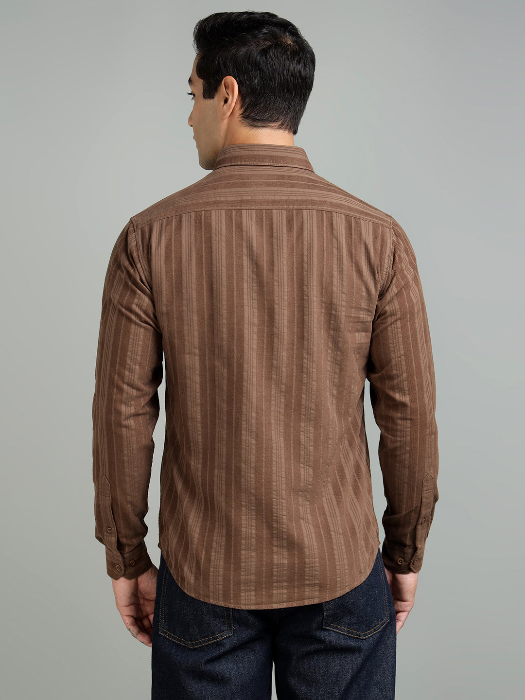 Men Textured Striped Brown Casual Shirt - Main Image