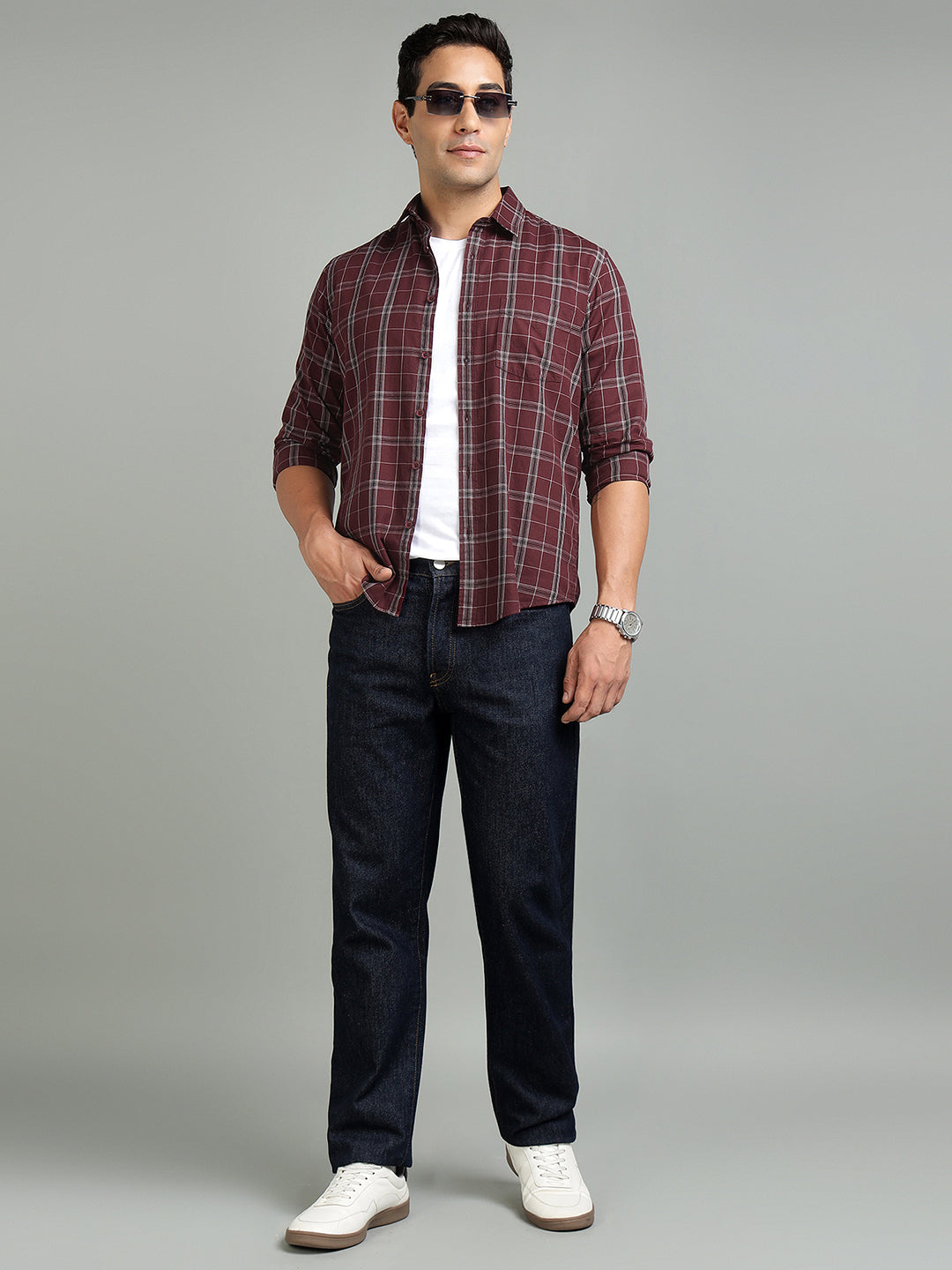 Men Maroon Check Cotton Casual Shirt