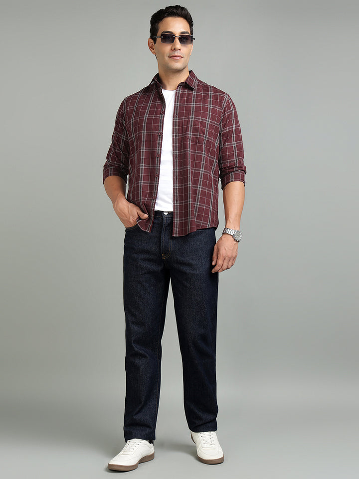 Men Maroon Check Cotton Casual Shirt