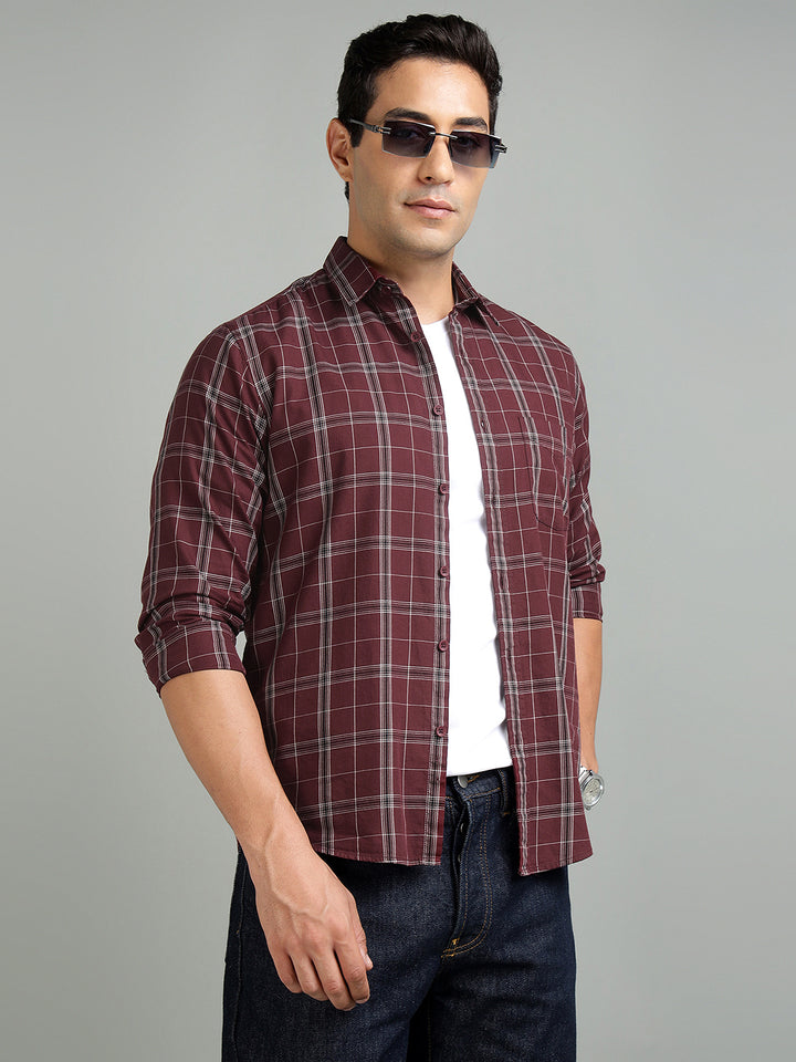 Men Maroon Check Cotton Casual Shirt