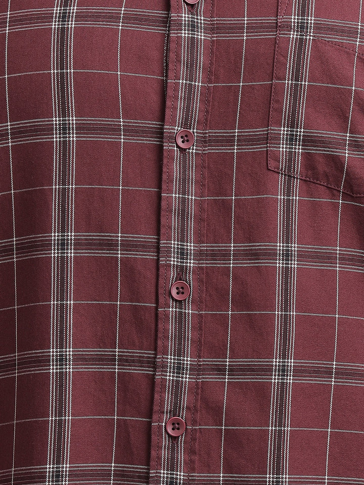 Men Maroon Check Cotton Casual Shirt