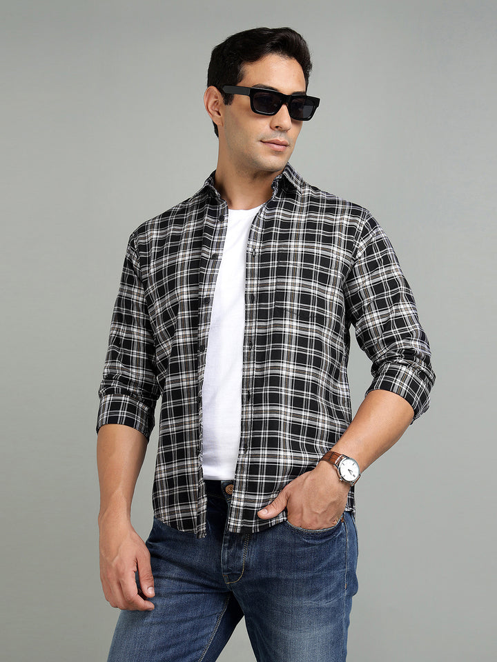 Men Black Check Cotton Casual Shirt