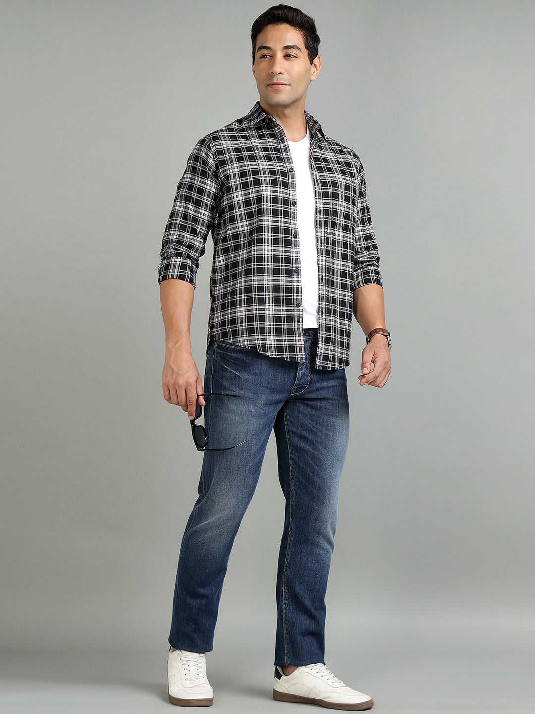 Men Black Check Cotton Casual Shirt