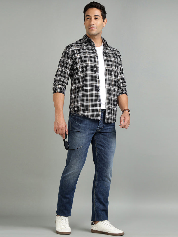 Men Black Check Cotton Casual Shirt