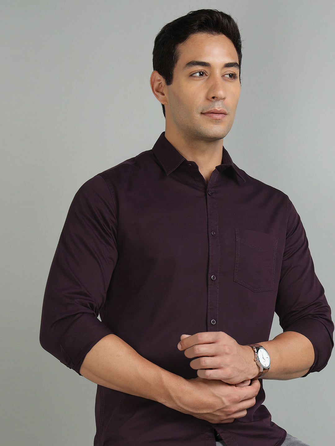 Men Wine Cotton Casual Shirt