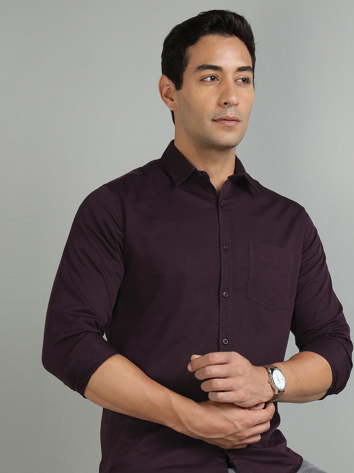 Men Wine Cotton Casual Shirt