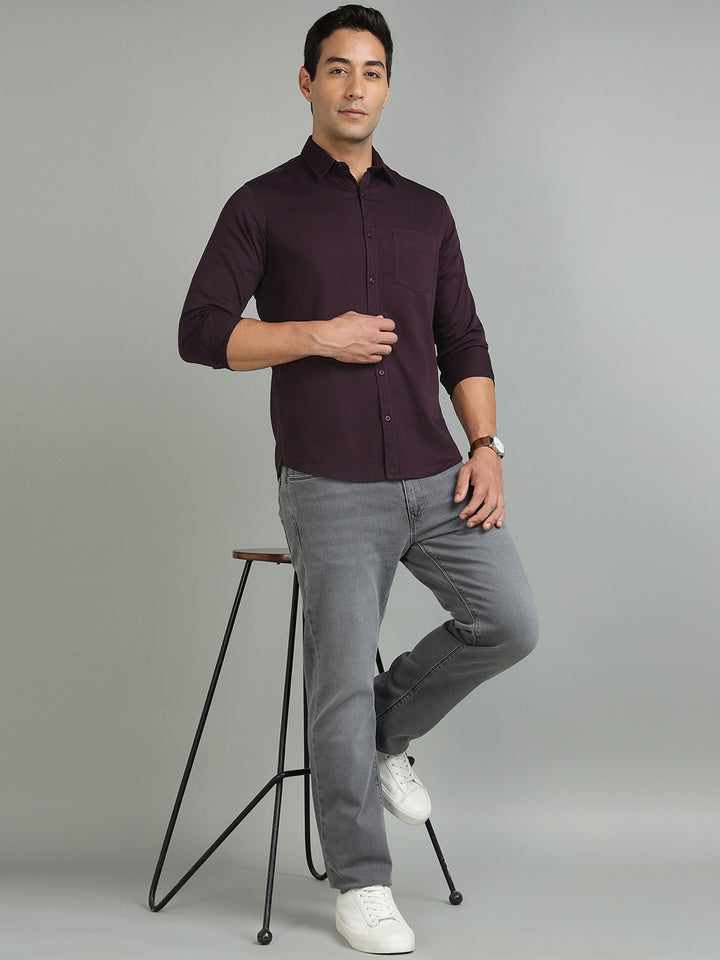 Men Wine Cotton Casual Shirt