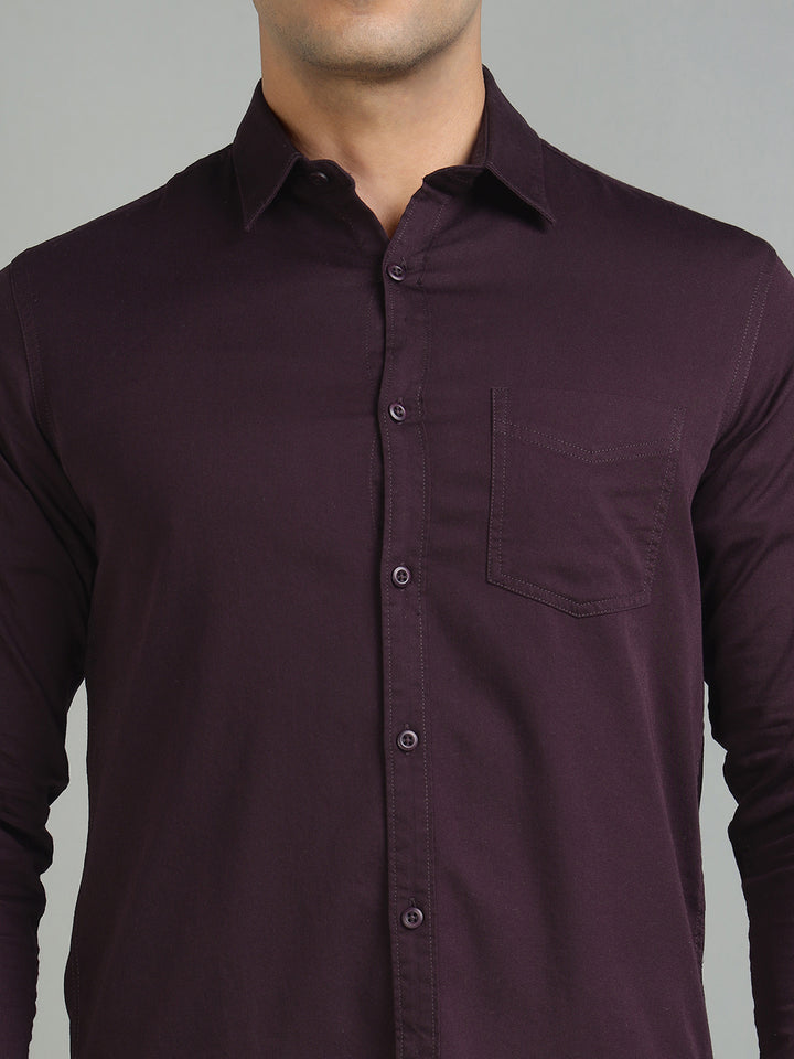 Men Wine Cotton Casual Shirt