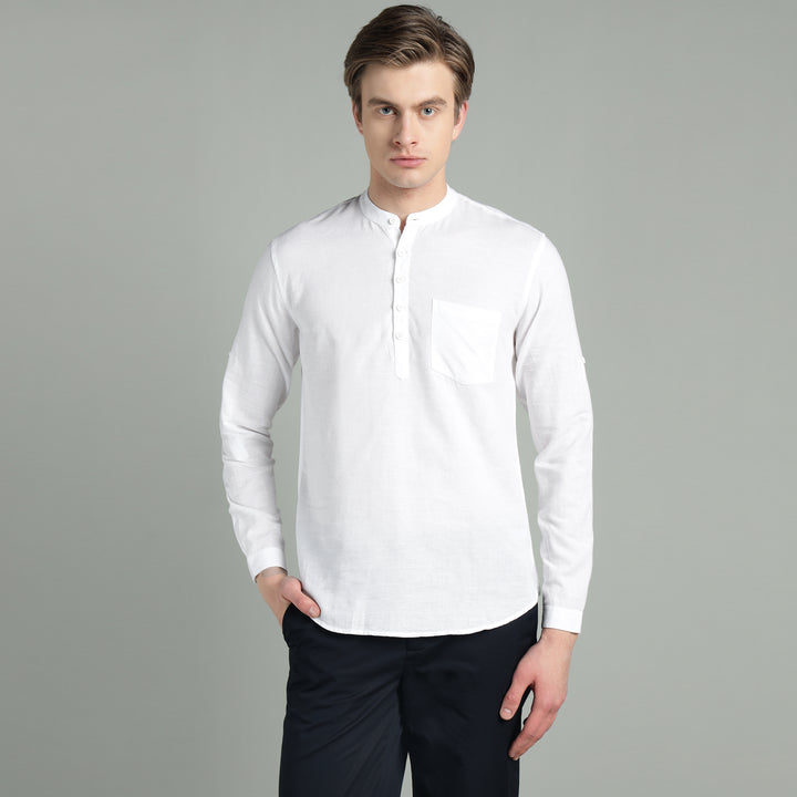 Men’s White Mandarin Collar Linen Cotton Kurta Shirt