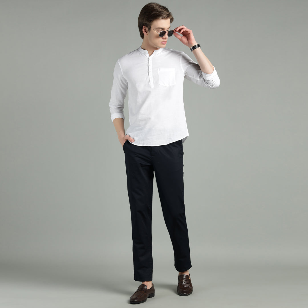 Men’s White Mandarin Collar Linen Cotton Kurta Shirt