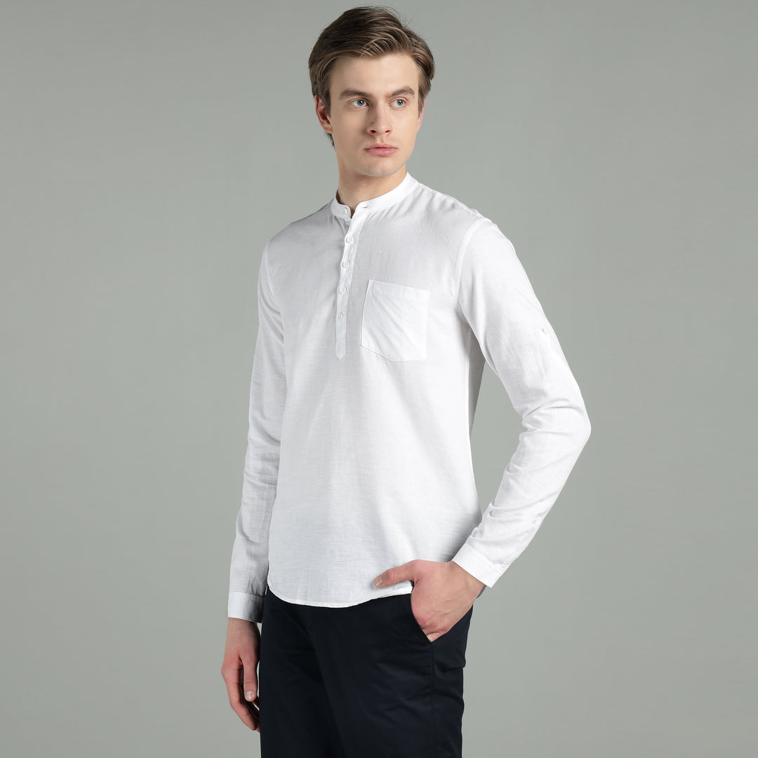Men’s White Mandarin Collar Linen Cotton Kurta Shirt