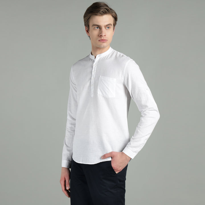 Men’s White Mandarin Collar Linen Cotton Kurta Shirt