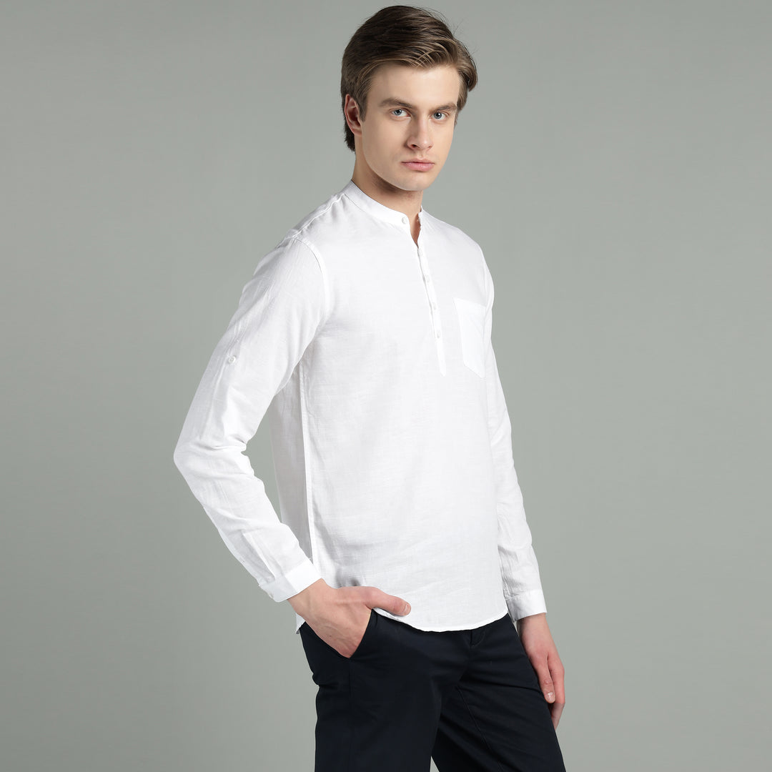 Men’s White Mandarin Collar Linen Cotton Kurta Shirt