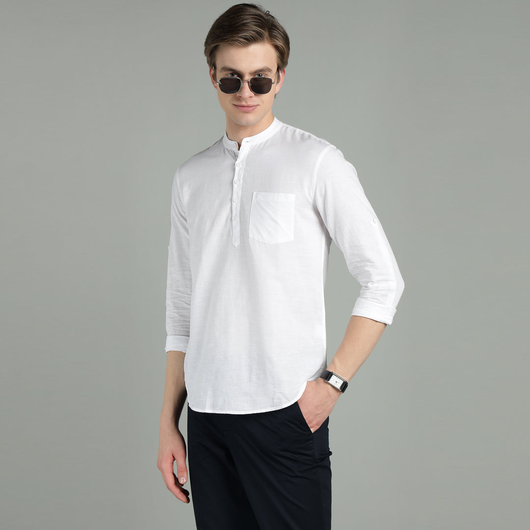Men’s White Mandarin Collar Linen Cotton Kurta Shirt