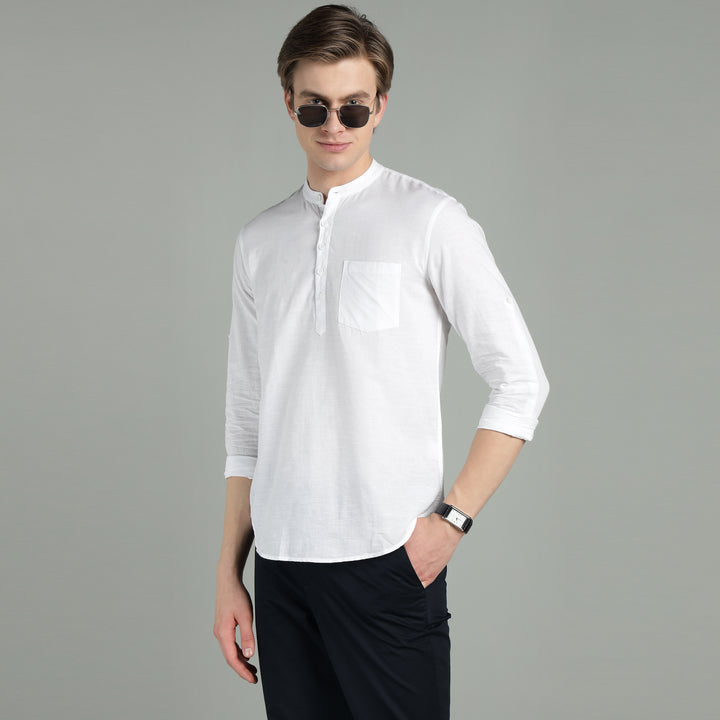 Men’s White Mandarin Collar Linen Cotton Kurta Shirt
