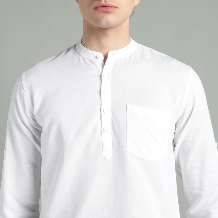Men’s White Mandarin Collar Linen Cotton Kurta Shirt