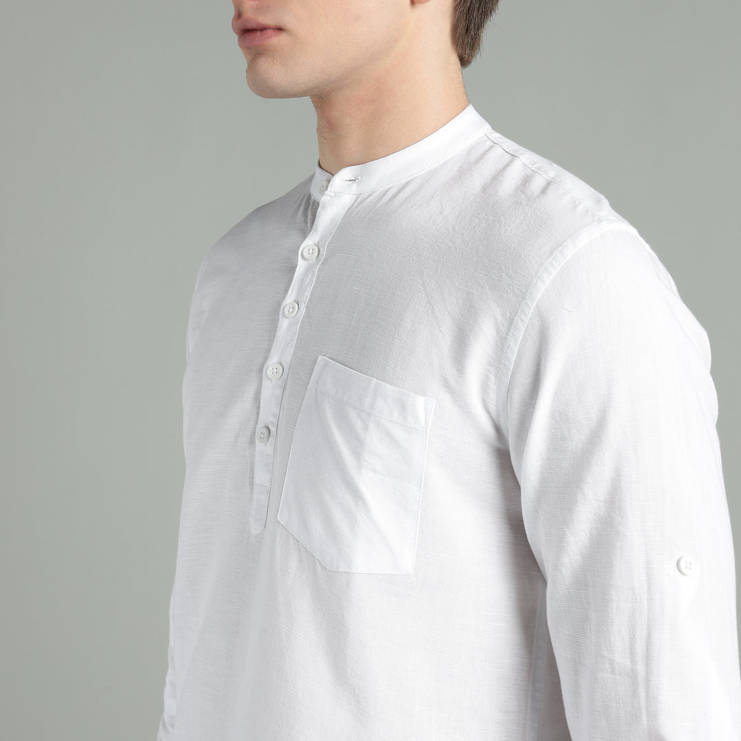 Men’s White Mandarin Collar Linen Cotton Kurta Shirt